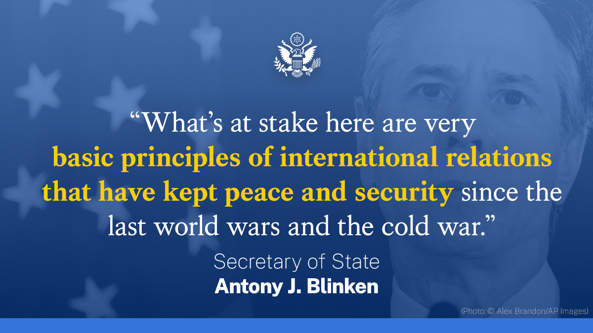 StateDept's tweet photo. .@SecBlinken: In the event that there is a renewed Russian incursion, Russian forces going into Ukraine, there is going to be a swift, a severe, and united response. https://t.co/RJz4qK1Olv