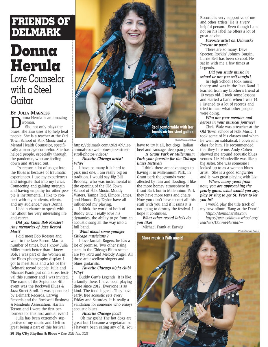 A wonderful interview in the December/January issue of Big City Rhythm &amp; Blues by Julia Magness! To read the full interview and others, click here: donnaherula.com/features-inter… #BluesGuitar, #AcousticBlues, #Blues, #Resonator,