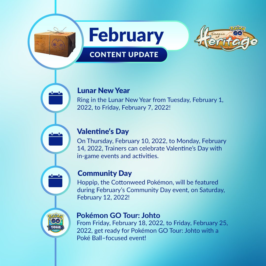 Pokémon GO on X: Hop into February's events and updates! 🌾 Learn about  upcoming raids, Research Breakthroughs, Spotlight Hours, Pokémon GO Tour:  Johto, Lunar New Year, Valentine's Day, and more as the