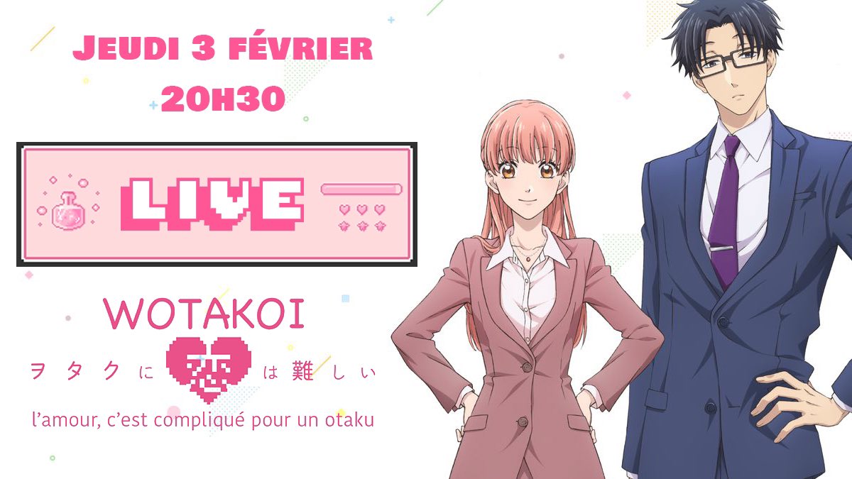 C’est jeudi 3 février à 20h30 que les comédiens de Wotakoi vous retrouverons pour un live sur YouTube !

L’occasion de répondre à vos questions et de vous donner toutes les infos sur notre doublage et sa production 🌈

 <a href="/DiscordiaGalaxy/">Amandine Hauguel 💮 Discordia</a> <a href="/Alounet59/">Aldric</a> de <a href="/Gayandgeek/">Gay'n'Geek</a> <a href="/marion_cettier/">Marion CETTIER</a>