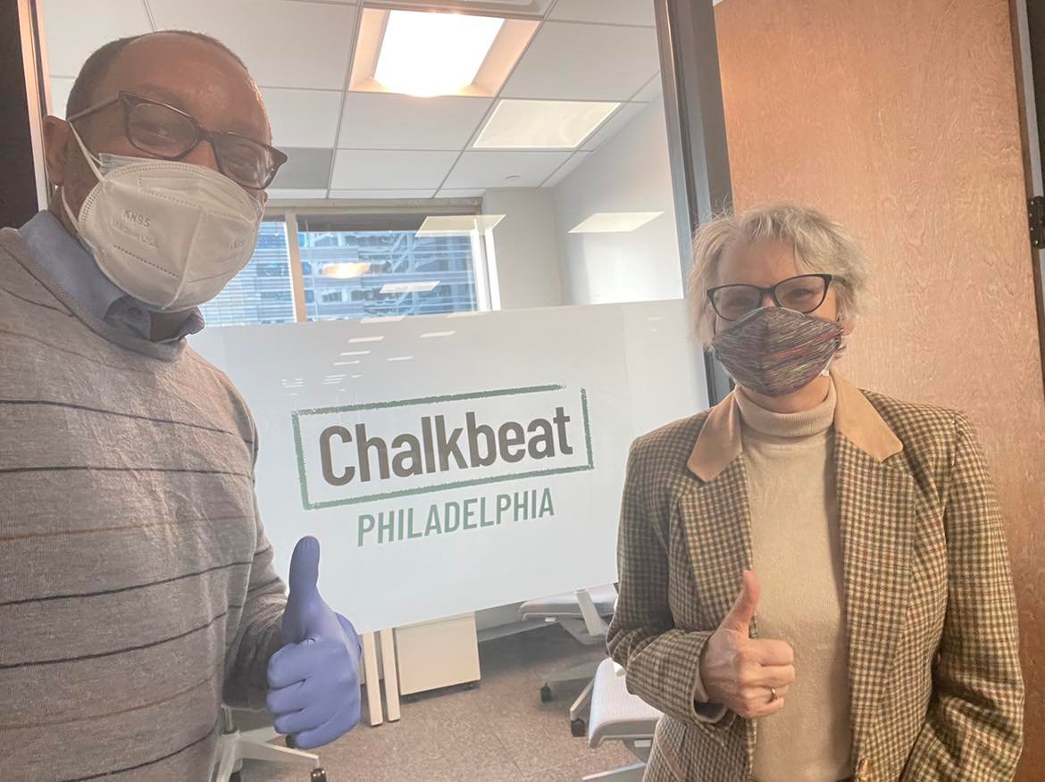 johanncalhoun's tweet photo. The sign is up! Chalkbeat Philly is officially open for business. Here with senior writer Dale Mezzacappa at the bureau's new home, 30 S. 15th St. 15th floor in Center City across from City Hall. This is where we will cover Philly schools. #Chalkbeat #PHLed https://t.co/b2E5muUSld