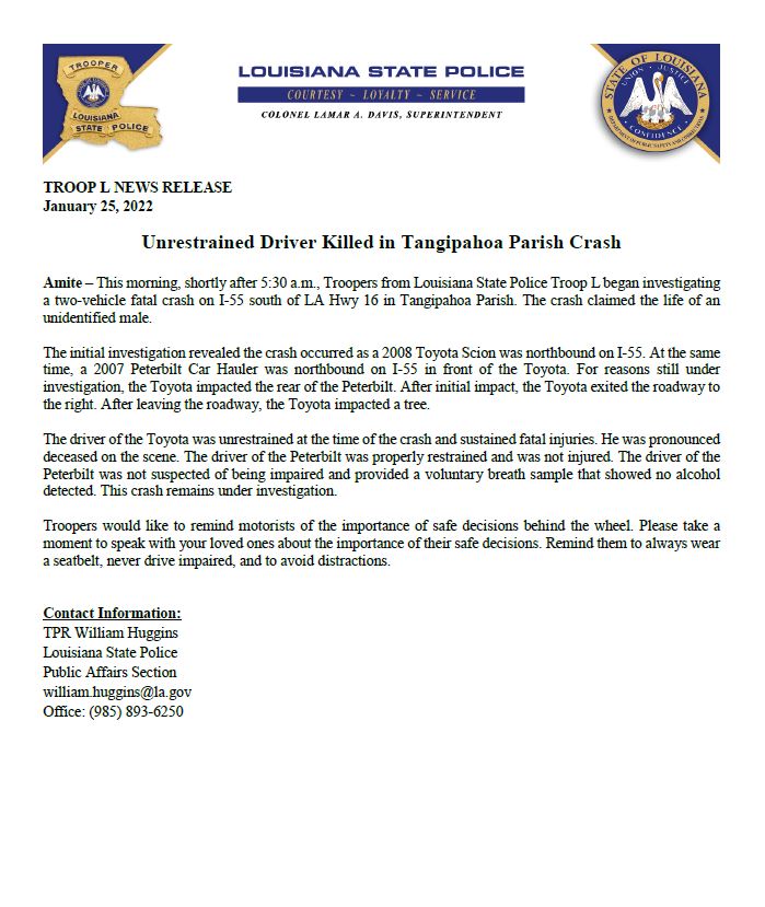 LA State Police on Twitter "TROOP L NEWS RELEASE JANUARY 25, 2022