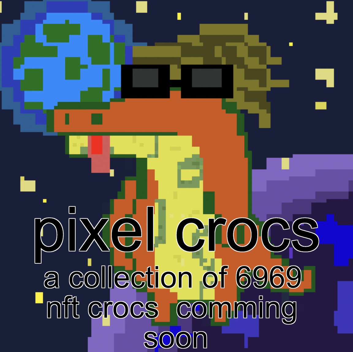 A collection of 6969 pixel crocs to take over the NFT space. Road map and Discord will be available soon, if you follow and retweet this post you will be entered in the give away 10 nft's will be given away and 50 whitelist spots  #NFT #NFTGiveaway #pixelart