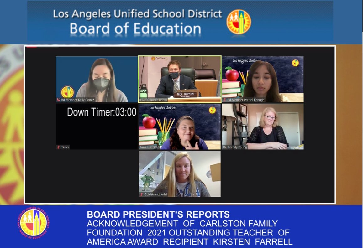 Congratulations to @CarlstonFam's Outstanding Teacher of America Award winner <a href="/KirFarrell/">Kirsten Farrell</a> — thrilled to celebrate this much-deserved honor at today's <a href="/LASchools/">Los Angeles Unified</a> Board meeting &amp; to continue cheering on your work for our students! <a href="/VHSGondos/">Venice High Gondoliers</a> @Venice_LDWest

carlstonfamilyfoundation.com/2021-kirsten-f…