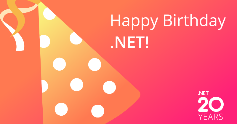 dotnet's tweet photo. 🎉🎈 Happy 20th Anniversary @dotNET!  🎈🎉
Share the ❤️ with your favorite .NET story using the #dotNETLovesMe hashtag.

...and don't forget to join us February 14th for our 20th anniversary celebration.