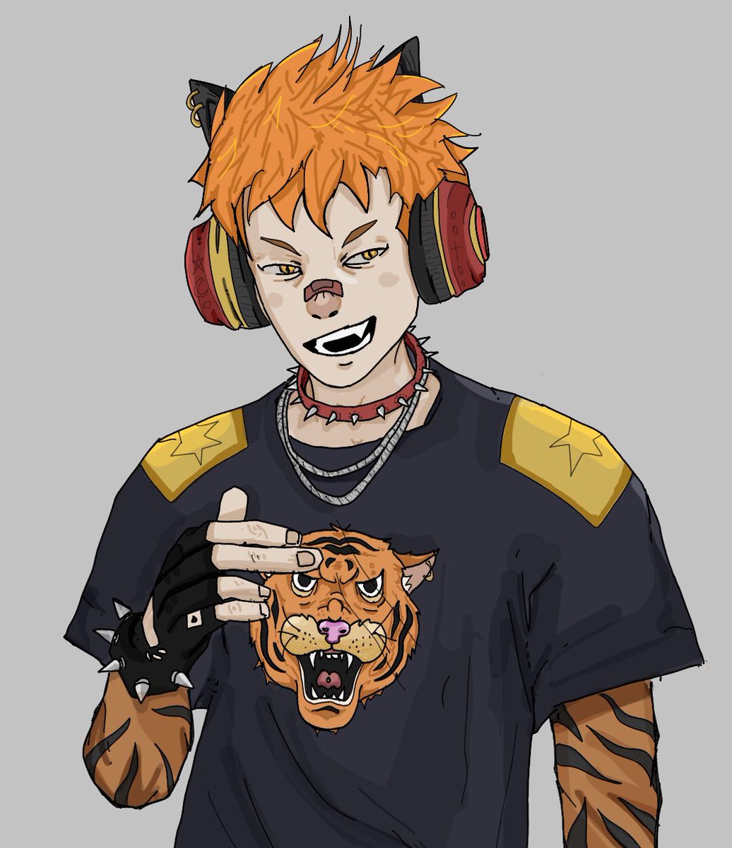 1boy male focus headphones spikes orange hair jewelry necklace  illustration images