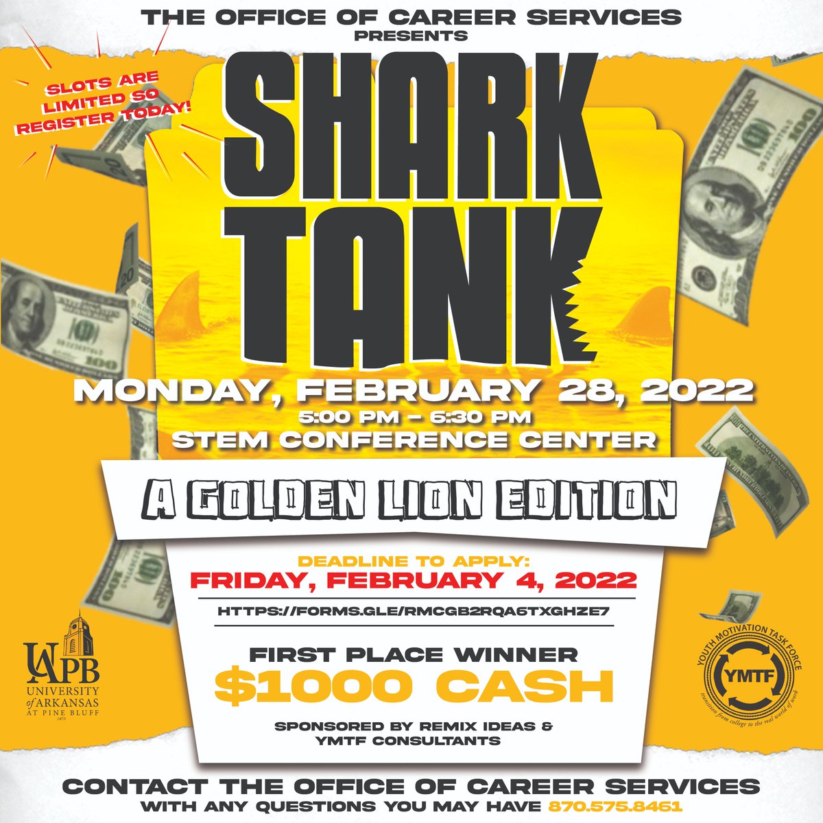 🚨 "Ayyyyye" *Young Dolph vc* 🚨

It's UAPB Office of Career Services and we are hosting a "Shark Tank" event the last day of February!!!

(Link in bio to register)

This is MAJOR, you do NOT want to miss out... Will you make it out of the tank with the GRAND prize? 💰💰💰