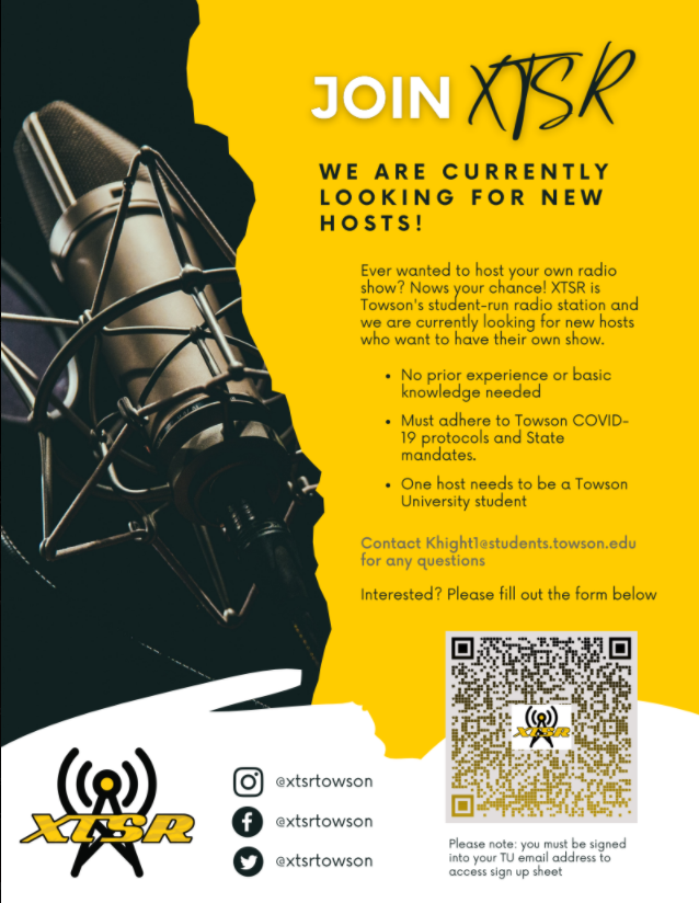 XTSRTowson's tweet photo. Hey XTSR listeners if you or a friend want to be a host of your own radio show check us out @XTSRTowson and apply to be a radio host. (Regulations are on the flyer) See you all soon as the semester starts back on 1/31. https://t.co/TI35KYh9sX