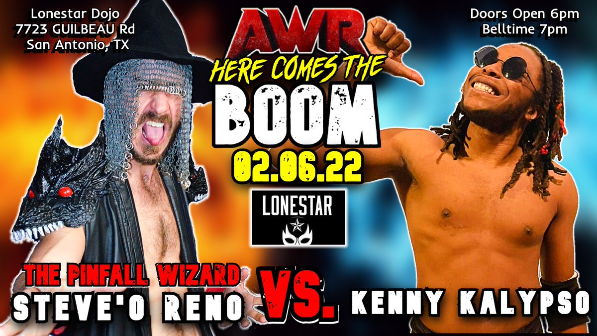 AWRforce's tweet image. Two of Indy wrestlings HOTTEST stars take each other on @pinfallwizard and @KennyKalypso collide in what will be an electrifying match

AWR HERE COMES THE BOOM 
FEB 6, 2022
LONESTAR DOJO
7723 GUILBEAU RD SAN ANTONIO, TX
DOORS OPEN 6PM BELLTIME 7PM
TICKETS: bit.ly/3xh2Yp7