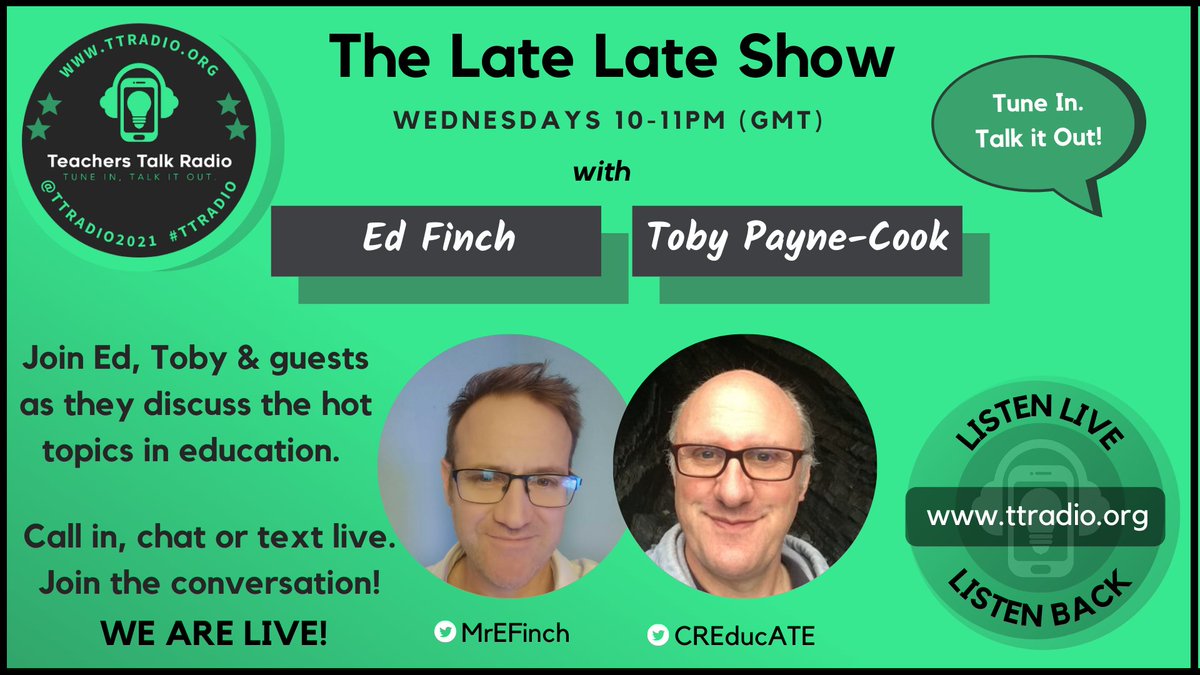 TTRadioOfficial's tweet photo. One hour until the #TTRadio Late Late Show with @MrEFinch and @CREducATE!
Ed and Toby will be considering the #3Most #PersistentMythsOfSchooling...
...and what will be #TweetOfTheWeek tonight?
Tune in. Talk it Out!
https://t.co/pnKpZ2rarl https://t.co/p4biyhouTo