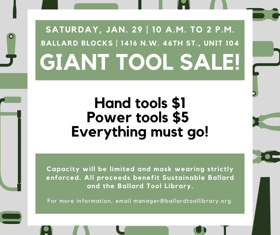 The Ballard Tool Library is ready to offer you hundreds of items at our Giant Tool Sale this Saturday from 10-2. We have something for everyone at incredibly low prices!  Bring cash for quicker check out. A huge thanks goes out to Ballard Blocks for hosting us!