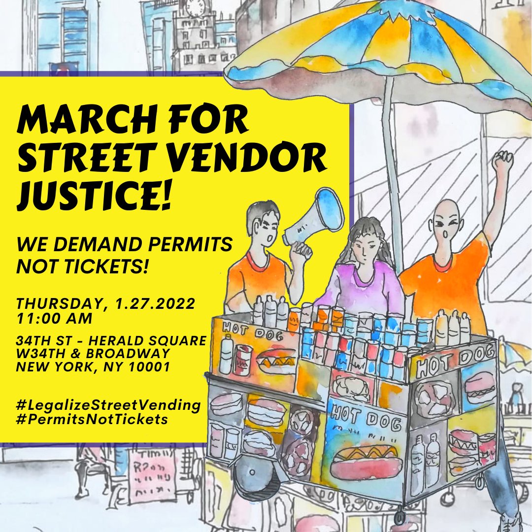 It’s time to fix the exploitative system & legalize the work of the tamaleras, Halal cart vendors & entrepreneurs who are part of New York's soul 🗽♥️

NY's smallest biz need #PermitsNotTickets! March For Street Vendor Justice- pass S1175/A5081

⏰Thurs 1/27
📍34 ST-Herald Square