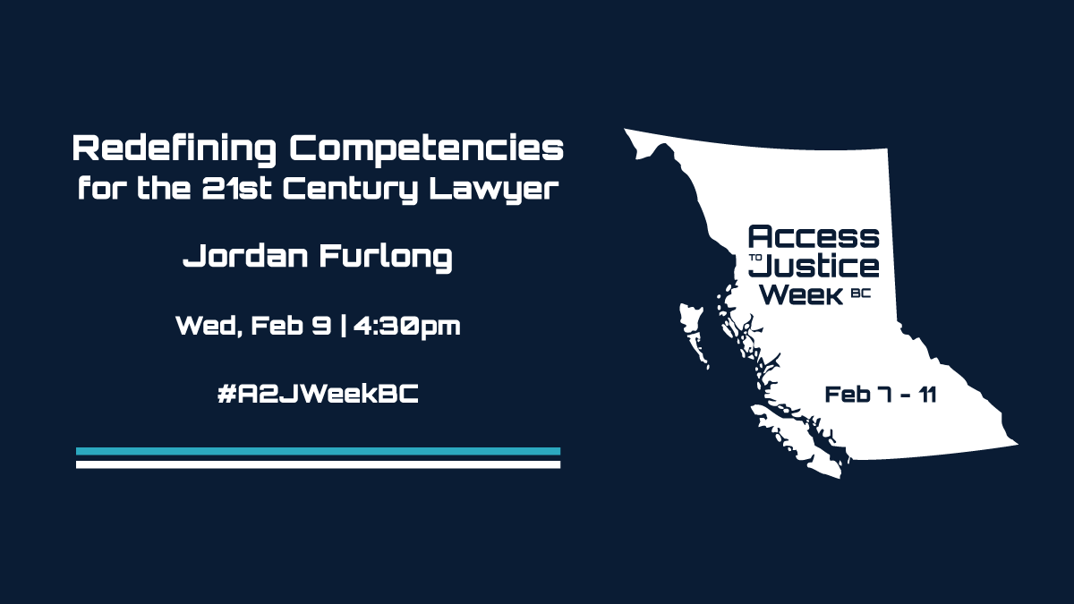 #A2JWeekBC is thrilled to welcome our keynote speaker Jordan Furlong @jordan_law21. 

Jordan will speak on redefining competencies for the 21st century lawyer.

Join colleagues from across BC for this pivotal session Feb 9 @ 4:30pm. 

Learn more &amp; register a2jweekbc.ca/feb-9-keynote-…
