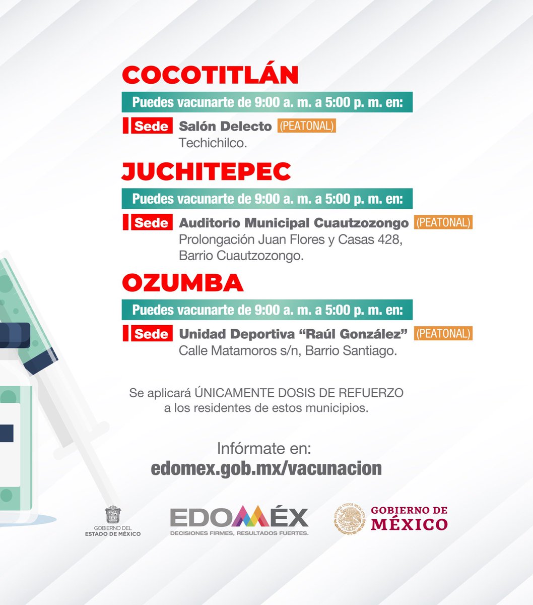 alfredodelmazo's tweet photo. Mañana 24 de enero aplicaremos la dosis de refuerzo a los adultos de 50 a 59 años en #Cocotitlán, #Juchitepec y #Ozumba. #EstrategiaDeVacunación https://t.co/2XhGDuuCzU