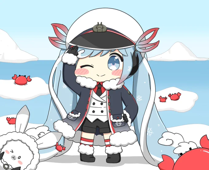 ねこみんさんの雪ミク&amp;ユキネ!びしっと敬礼する姿が勇ましくも可愛らしいですね(*'艸`*)ぴょこっと顔を出すユキネもキュート🎵【https://t.co/52LrzCIZ4J】 #piapro #雪ミク #ラビット・ユキネ 
