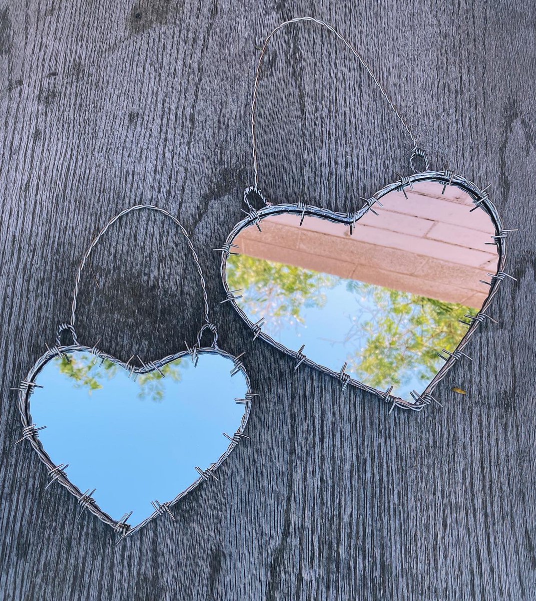 Barbed wire heart mirrors handmade by me 💖