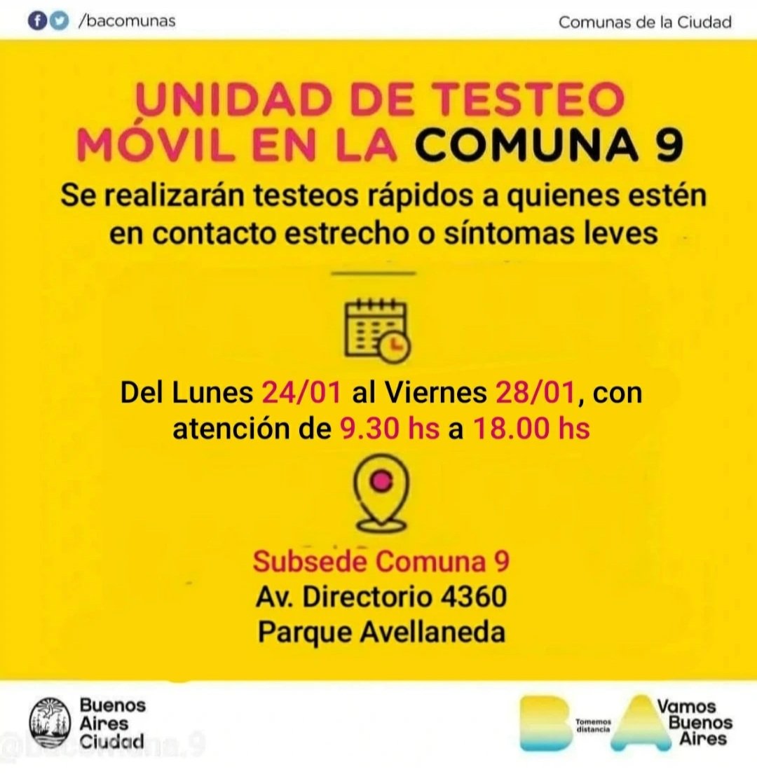 bacomuna9's tweet photo. " UNIDAD DE TESTEO MÓVIL Comuna 9 de Buenos Aires  " 🚌

 📖 Lunes 24/1 y Viernes 28/1 📍 Subsede Comunal, Av. Directorio 4360, Parque Avellaneda 

🕧 La atención será de 9.30 a 18.00 hs 

#Acercate !

#Testeate
#SomosComuna9
#cuidarteescuidarnos💪 https://t.co/uGIFmMdIou