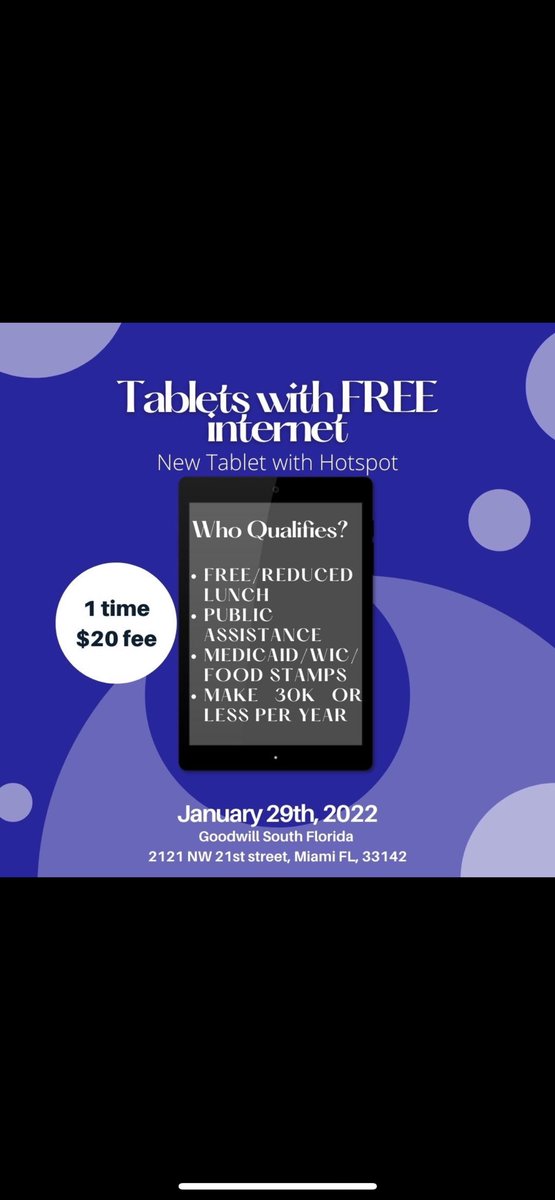MsSMMurray's tweet photo. Tablets with FREE Internet - Saturdays, January 22th &amp; January 29th
 
Event Open to the Community - Tablets with FREE Internet
MIAMI DADE - BROWARD
DATE: Saturday January 22th &amp; January 29
TIME: 8 AM - 12 PM
Location: Goodwill South Florida, 2121 N.W. 21st ST, Miami, FL 33142 https://t.co/bQa2hR1VRp