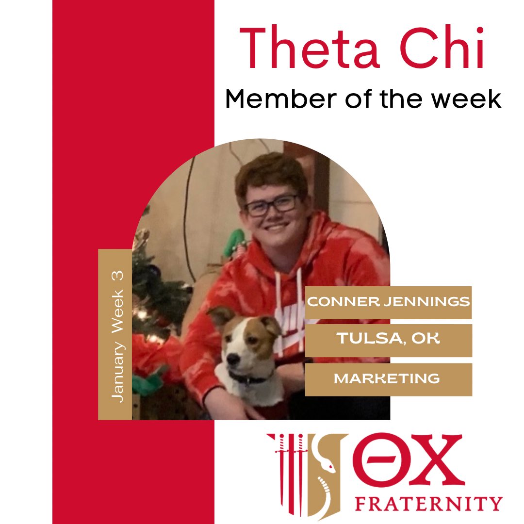 Theta Chi member of the week is Conner Jennings! 
In his 4 years here at OSU he been a great leader for this fraternity as former Vice President and now as our Risk Management Chair. He has always stepped up when no one else would to help grow our fraternity and its members!