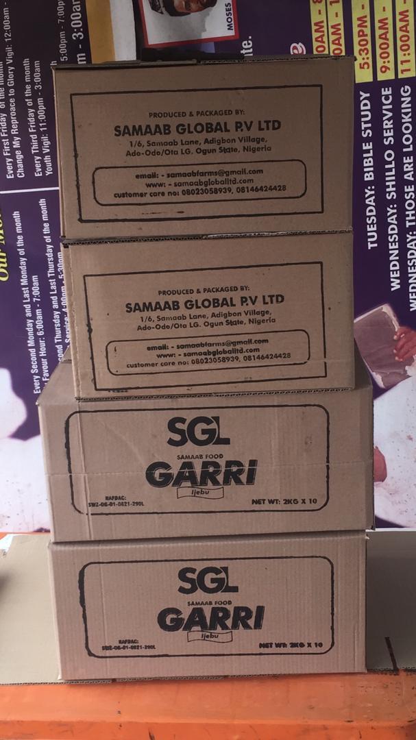 For your packaged Garri, Cassava flour, Lafu and Fufu powder, Yam flour, Plaintain Flour, Etc, Contract Production, Food based surveniours for Birthday, Wedding, Burial Etc. Samaab Global Farm is the Place. samaabfarms@gmail.com