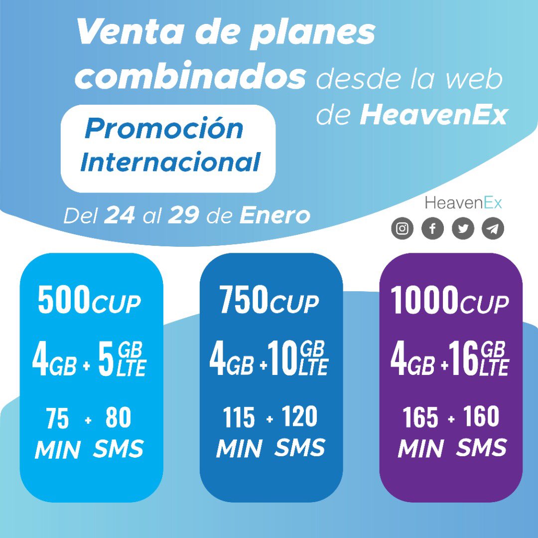 Desde la Web de HeavenEx puede usar nuestros servicios de recarga móvil para acceder a cualquiera de estos planes (Cuba) en cup o su equivalente en criptomonedas. Desde el día 24 de enero hasta el 29.
 ¡Seguimos mejorando, porque nuestra prioridad es usted!🚀