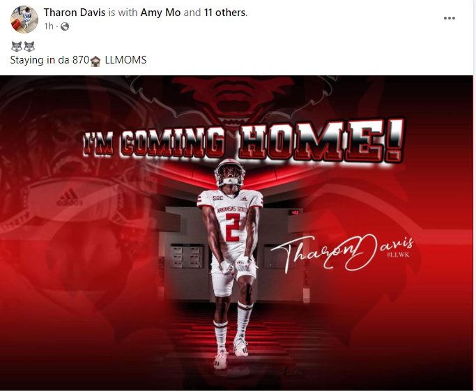 LoganWhaleyWPSD's tweet photo. It appears Tharon Davis is transferring to Arkansas State. 

The Newport native posted this on Facebook this afternoon.

Davis, a three-star RB out of high school, walked on at Memphis last season after posting over 1,800 all-purpose yards at Newport in 2020. https://t.co/NDFGrZvzqo