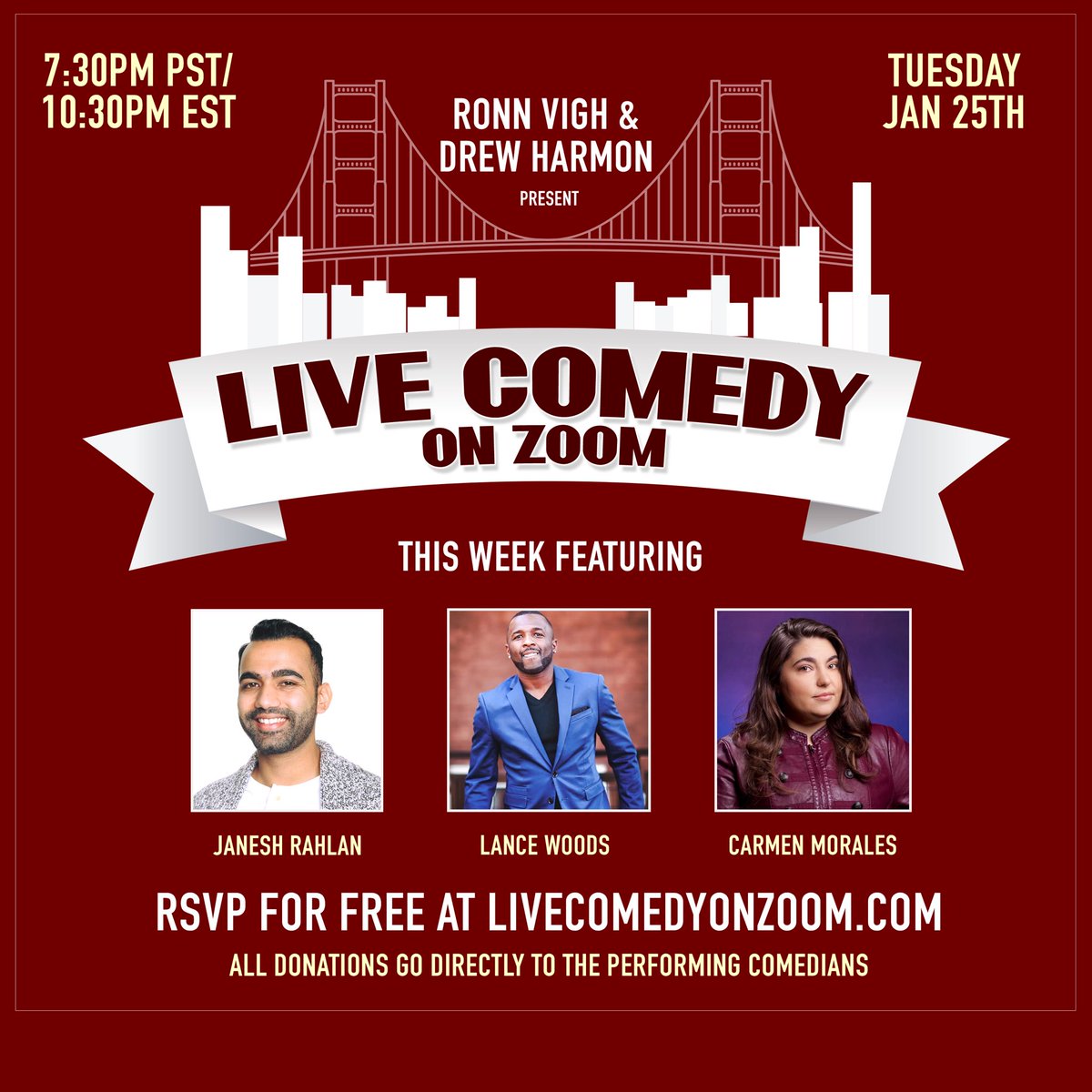 ComedyZoom's tweet image. We’re back on Zoom this Tuesday. We haven’t set any other dates yet, so you better show up just in case it’s the last! 

@TheFunnyCarmen @janeshrahlan @SirLanceWoodss join us. 7:30 PM PST