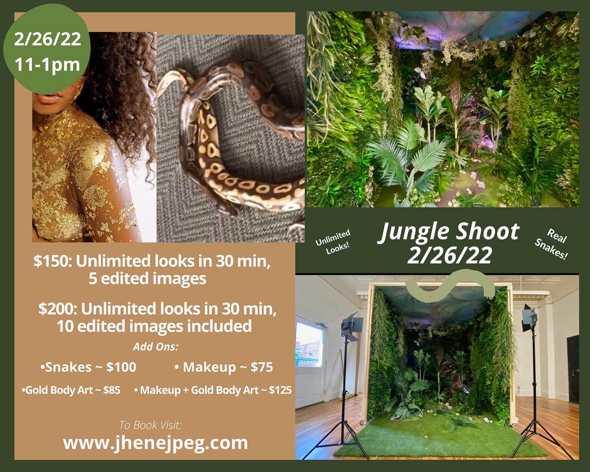 allyamorevisual's tweet image. Feb 26th 11-1pm only, This amazing jungle set is perfect for model portfolios, maternity or birthday sessions and more! Add professional makeup and gold body art, or snakes! 
Only 3 spots remaining , visit 
jhenejpeg.com
#atlphotographers #atlphotographer #atlphotograph