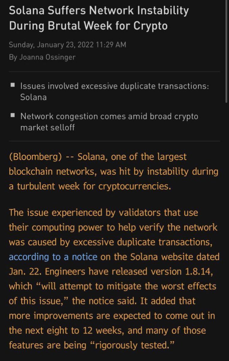 joemccann's tweet photo. .@solana issued a patch to its network faster than @bloomberg could report on the bug.

Let that sink in.

So remind me what the future of finance looks like? https://t.co/GOFtUNkn2B