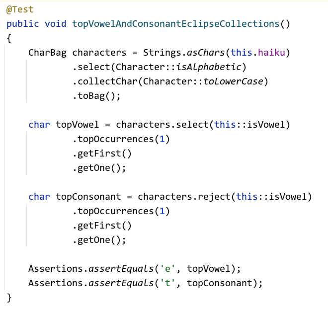 TheDonRaab's tweet photo. Tried some experiments with the haiku Text block and Switch Expressions in Java 17. I love the CharBag type in @EclipseCollect. @JosePaumard @NikhilNanivade  @rmehmandarov, I added a Java Stream solution as well for some #JLDD fun.

Full code in gist: https://t.co/rvDko2mOX9 https://t.co/kSERPV8hTo