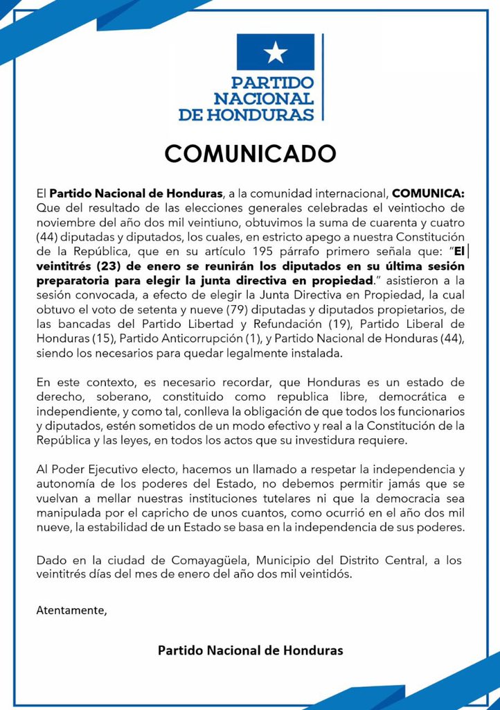 Comunicado del Partido Nacional de Honduras, emitido luego de la junta directiva del Congreso Nacional. 
