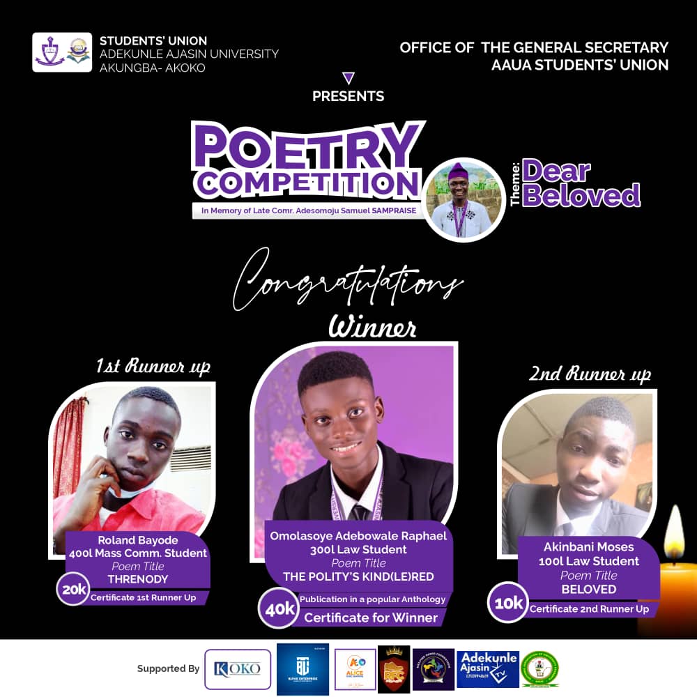 Tholuadeyefa's tweet photo. Winners of the Poetry Competition in memory of Late Sampraise, an initiative from the Office of the AAUASU General Secretary #january23memory https://t.co/MzKftVLs3w