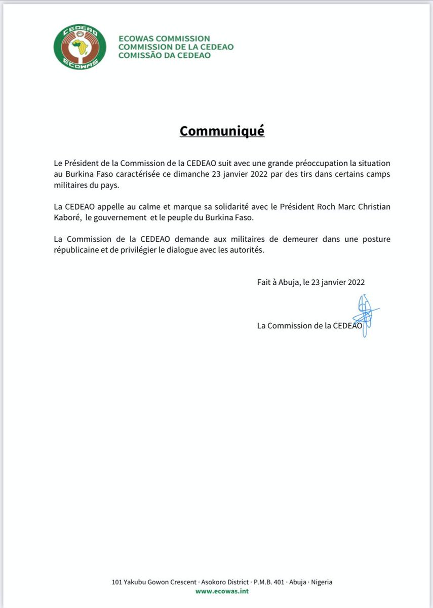Communiqué de la #CEDEAO sur la situation au #BurkinaFaso 🇧🇫

#lwili