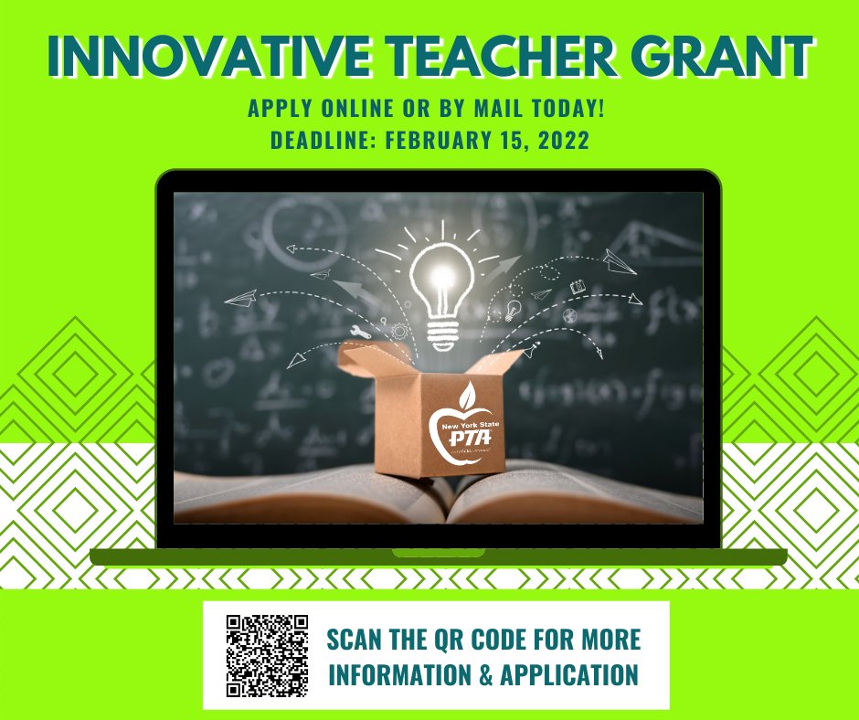 NYS PTA’s Innovative Teacher Grant gives PK-12 teachers the opportunity to put their ideas into action. It is awarded to worthy projects that significantly influence student learning. For more information and application scan the QR code or Search: nyspta.org/home/pta-leade…
