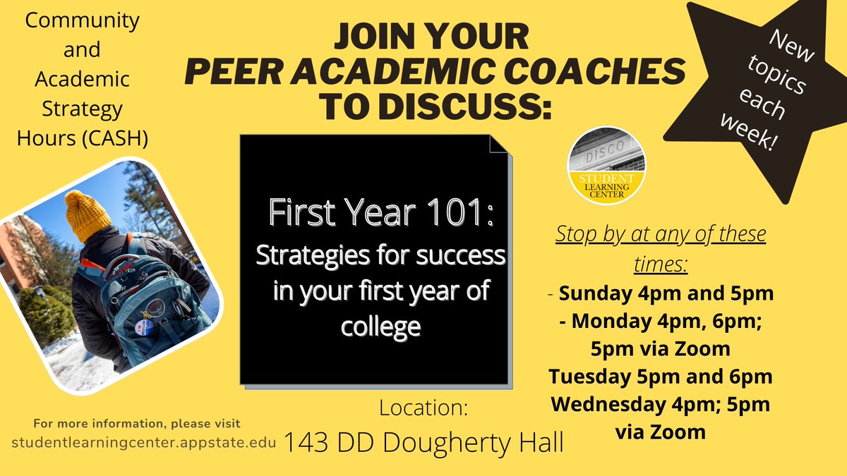 ASA_AppState's tweet image. New Study Hall Opportunity:

Attend a CASH session to learn new academic skills and strategies!