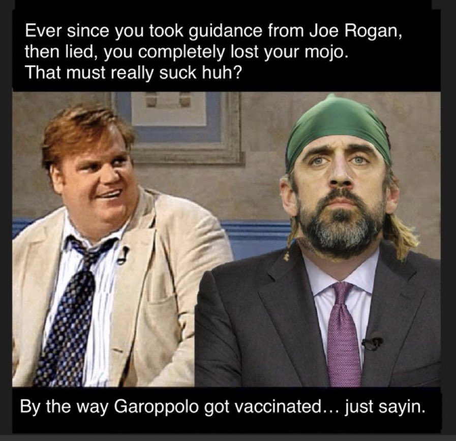 MichelleMousta1's tweet photo. Aaron Rogers should have spent his time listening to his football coaches instead listening to noted Ivermectin/urine/hydroxychoriquin authority Joe Rogan. 

#ThrowRogan
#LetsGoAaron https://t.co/YPWvGTZ1Qq