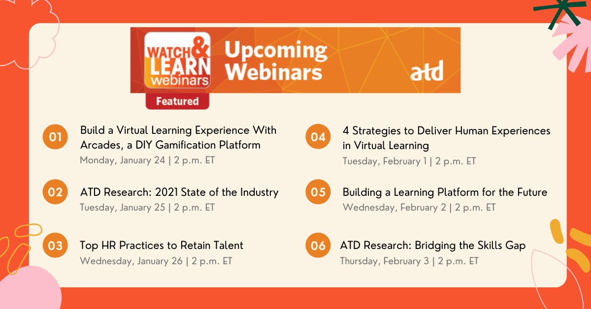 atd's tweet photo. Join #ATD for these FREE upcoming webinars:
Register for these webinars and more here: https://t.co/kgLrfjjqjs
#talentdevelopment #learning #training #instructionaldesign #futureofwork #leadership #employeelearningweek #ATDStateOfTheIndustry #ATDresearch #organiztionculture https://t.co/vJkxBs30YR