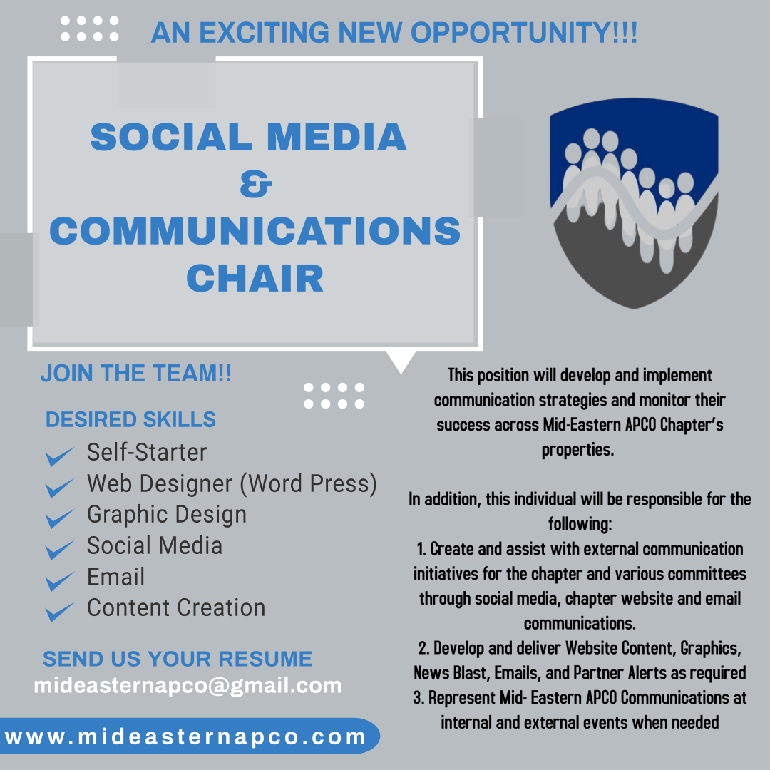 MidEasternAPCO's tweet photo. Social Media &amp; Communications Chair Opportunity!

Please visit our website for more information.
https://t.co/pgw7qoEEgY

Interested? 
Submit your interest online at https://t.co/SmkNa942Qw https://t.co/wQih13gQBp