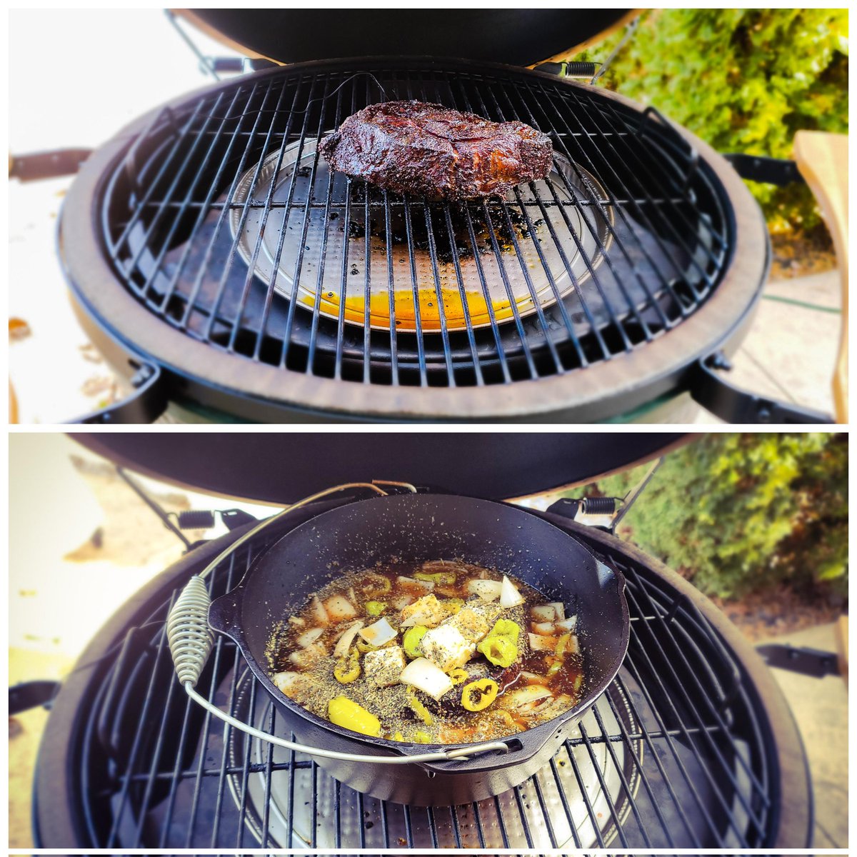 Getting after this <a href="/bbcharcoal/">B&B Charcoal</a> post oak and apple smoked Italian beef on the <a href="/BigGreenEgg/">Big Green Egg</a>. Letting it simmer in the cast iron Dutch oven with onions, peppers, garlic, and seasoning for a few hours. Smells amazing! 🔥🥩🍽