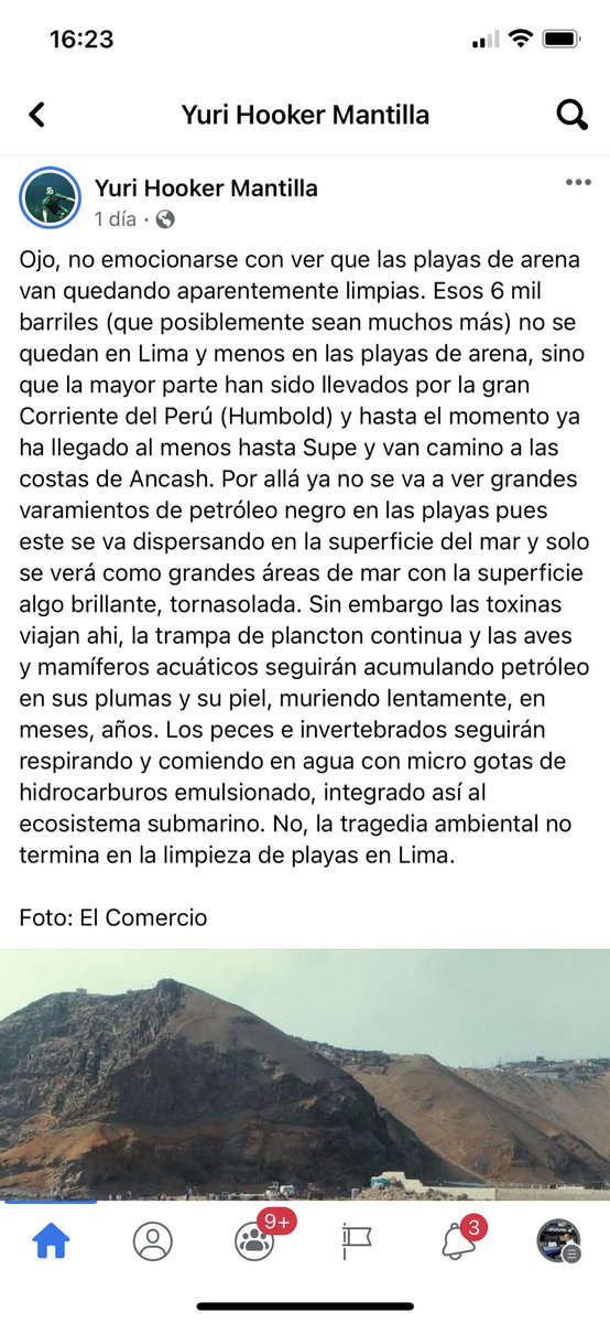 Conozco a Yuri Hooker y la seriedad de su trabajo de largos años como biólogo marino. Es espeluznante la advertencia que lanza acerca de las consecuencias del desastre ecológico provocado por #Repsol 👇