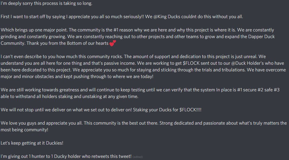 QU4Xnft's tweet photo. We Love you Dapper Ducks community! We continue giving back until we honor our promise!

1 hunter to the lucky winner who retweets!

#Solana #SolanaNFTs #duckgame #pondlife https://t.co/p7TxSQObos