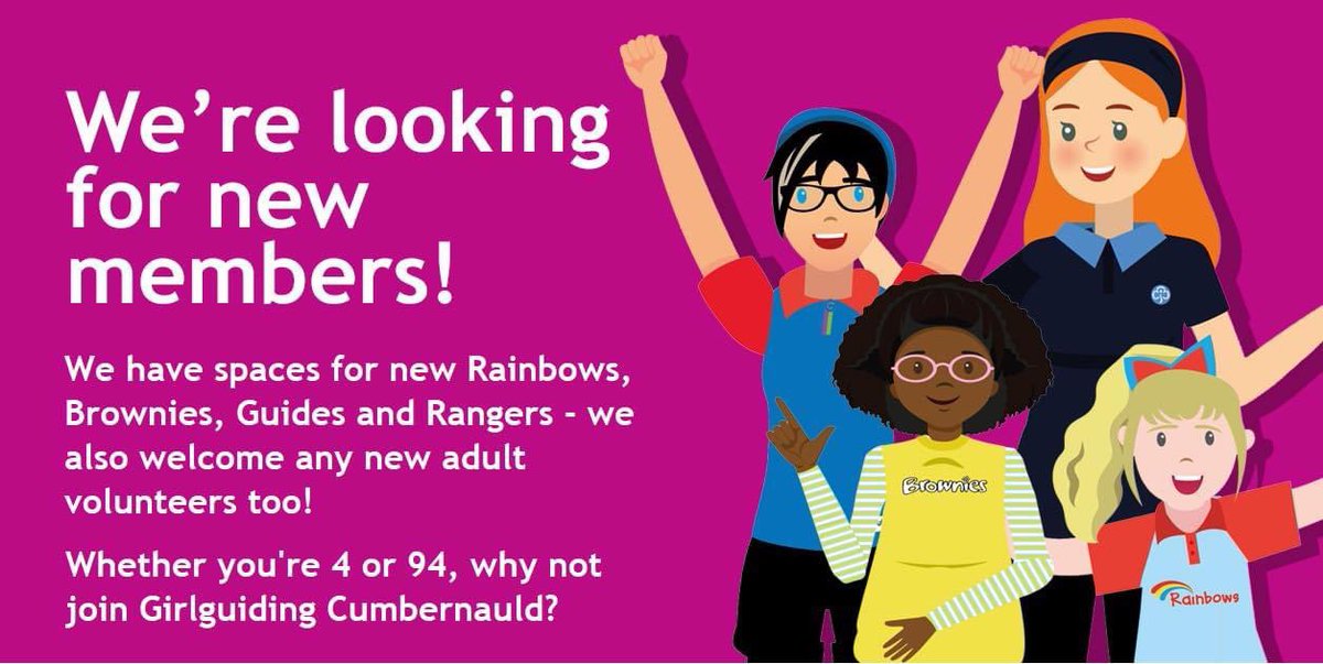 We have spaces available at Rainbows (4-7yrs), Brownies (7-10yrs), Guides (10-14yrs) &amp; Rangers (14-18yrs). If your daughter would like to start her Girlguiding adventure (or you would like to as an adult volunteer) then email us for more details
girlguidingcumbernauld@hotmail.com