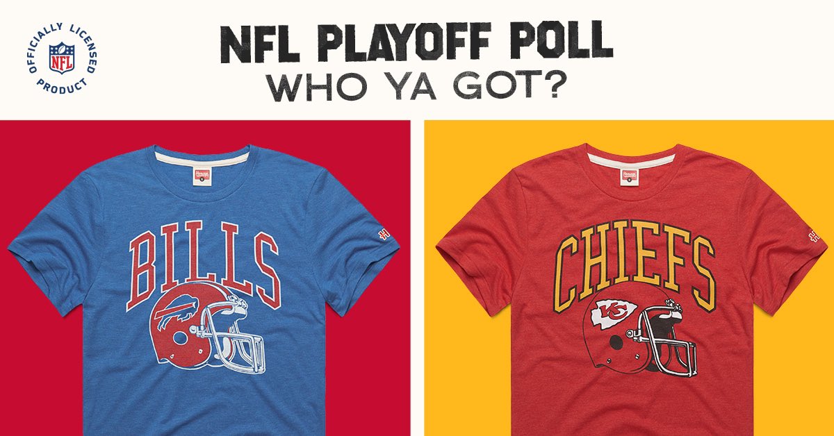HOMAGE's tweet photo. Final Round!

Quote tweet who you think will win the @BuffaloBills v @Chiefs game and we will choose one lucky correct answer to win a free NFL x HOMAGE tee of their choice #DivisionalRound https://t.co/ggYM3YpIG1 https://t.co/xlDopFCs3L
