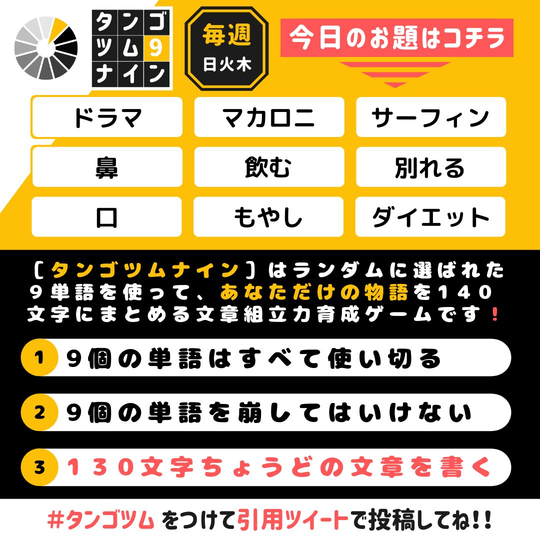タンゴツムナイン 文章組立力育成ゲーム タンゴツムナイン ２０紡ぎ目 今日のお題はコチラの９単語 W ドラマ マカロニ サーフィン 鼻 飲む 別れる 口 もやし ダイエット １３０文字ちょうど を数えるのは以下のサイトが便利です