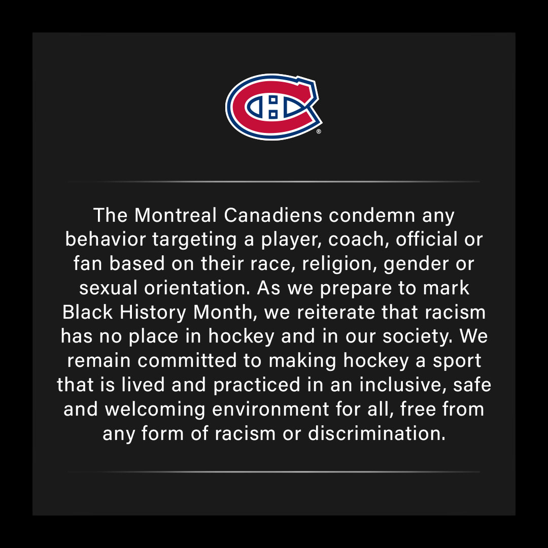 CanadiensMTL's tweet image. A statement from the Montreal Canadiens following the racist gestures directed at Jordan Subban and Boko Imama.

#HockeyIsForEveryone #EndRacism