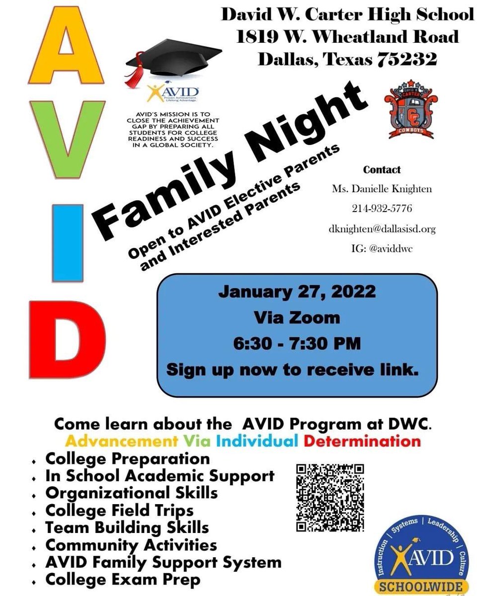 dwc_library's tweet image. What is AVID? Is your student AVIDized? Come learn why it is needed. Come learn how it can be done. Register forms.gle/ZeFffGXM82fsT7…
@carterhighpta @DWCarterHS @DWCAthletics