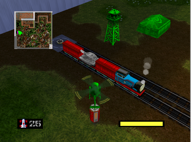 TTTEHijacking's tweet photo. In the Nintendo 64 Video game "Army Men - Air Combat", Thomas can be seen in the third mission with 2 box cars and a tank on a flatbed, but missing his face, funnel and dome. https://t.co/EG2X9ryTa4