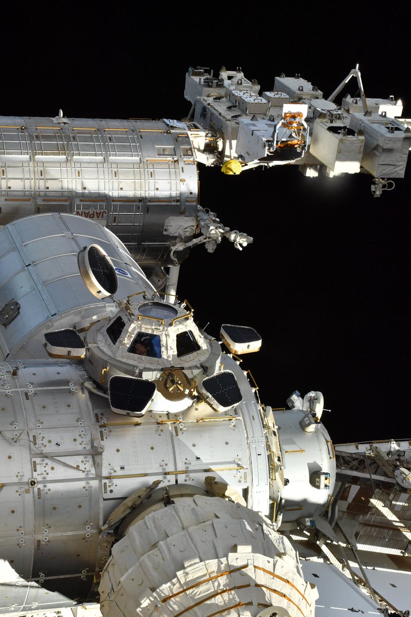 A window in the newly added Russian module offers this view of the @Space_Station. That’s me in the Cupola, taking in the sights of our spectacular planet.