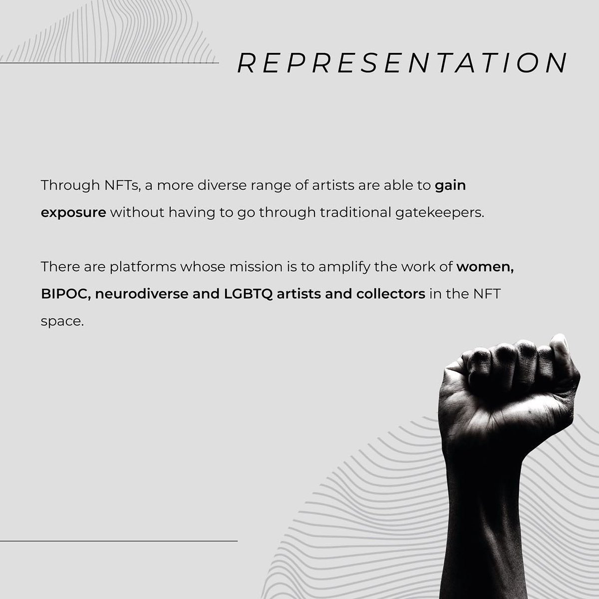 This new way of creating art could also drive advances in equity in historically inequitable spaces, the more diversity there is in the early NFT scene, the more potential there will be for marginalized communities to close socio-economic gaps. 

#NFTCommunity #NFTs #Diversity
