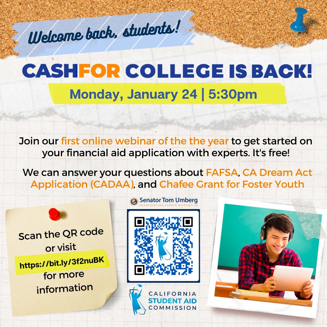 Tomorrow is the day! 

Drop into my webinar with the @castudentaid Commission to get help with your #FAFSA and other #financialaid documents, ask questions for your family, and get #cashforcollege! 

#HigherEducation #CAStudentSuccessAct #MiddleClassScholarship #Dreamers